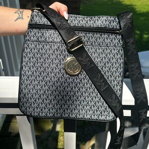 Michael Kors Black and Gray MK Patterned Shoulder Bag